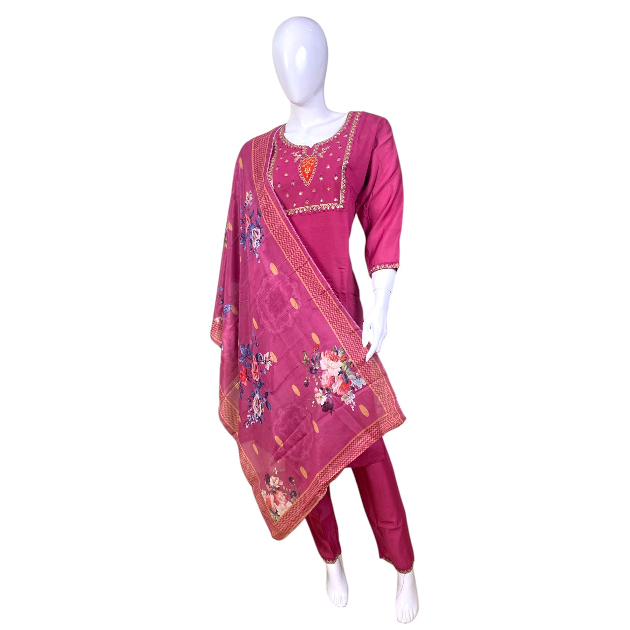 Pink traditional outfit with floral patterns 