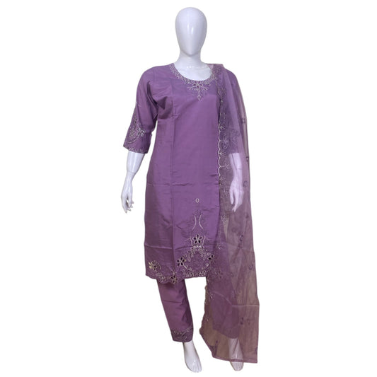 Purple traditional outfit with a dupatta on a white mannequin against a white background